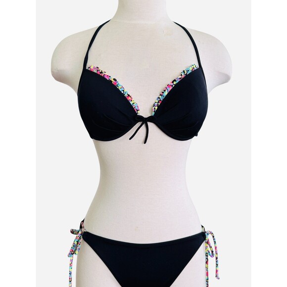 VICTORIA’S SECRET Wm M 34C 2 Piece Black Padded Underwire Bra Black Bikini Set - Picture 1 of 10